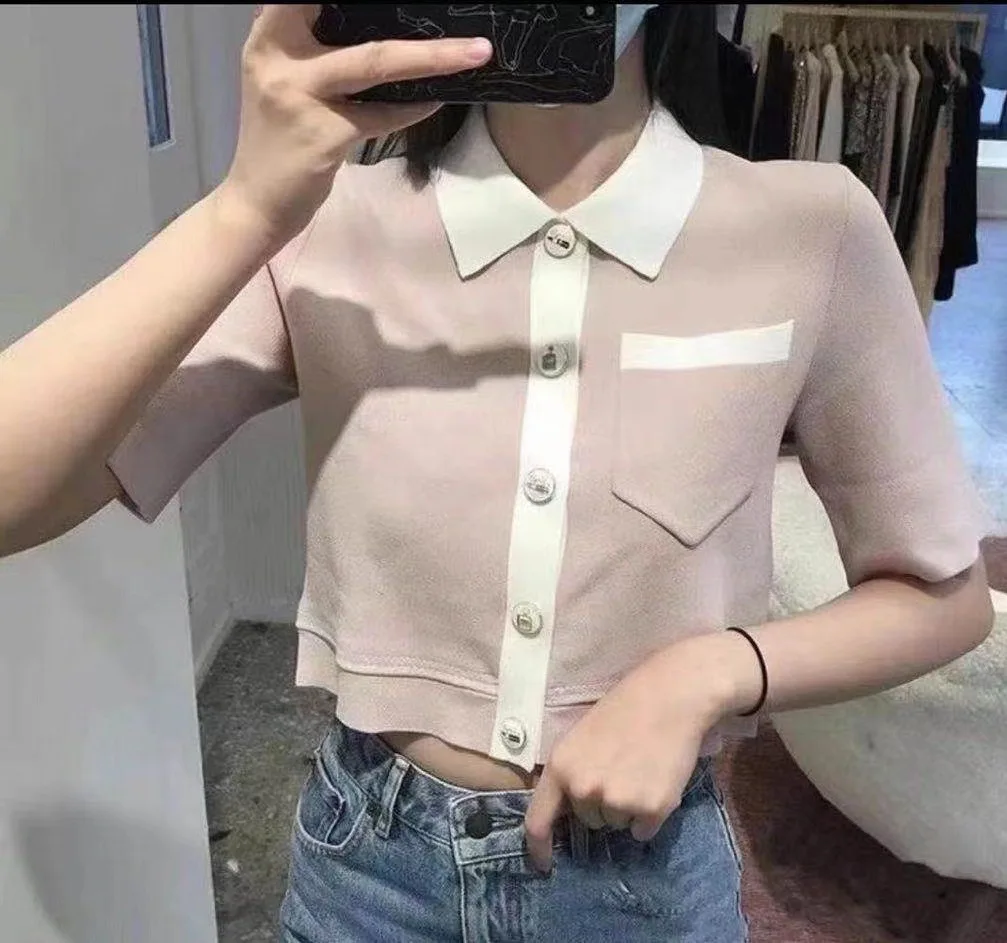 

Women Sweater Contrast Color Polo Collar Short Sleeve Knitted Cardigan