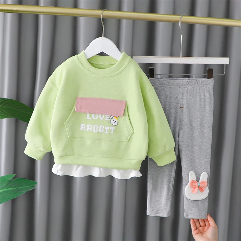 

Демисезонные комплекты детской одежды 2022, одежда для маленьких девочек, детская Кружевная футболка с мультяшным кроликом и штаны, наряды дл...