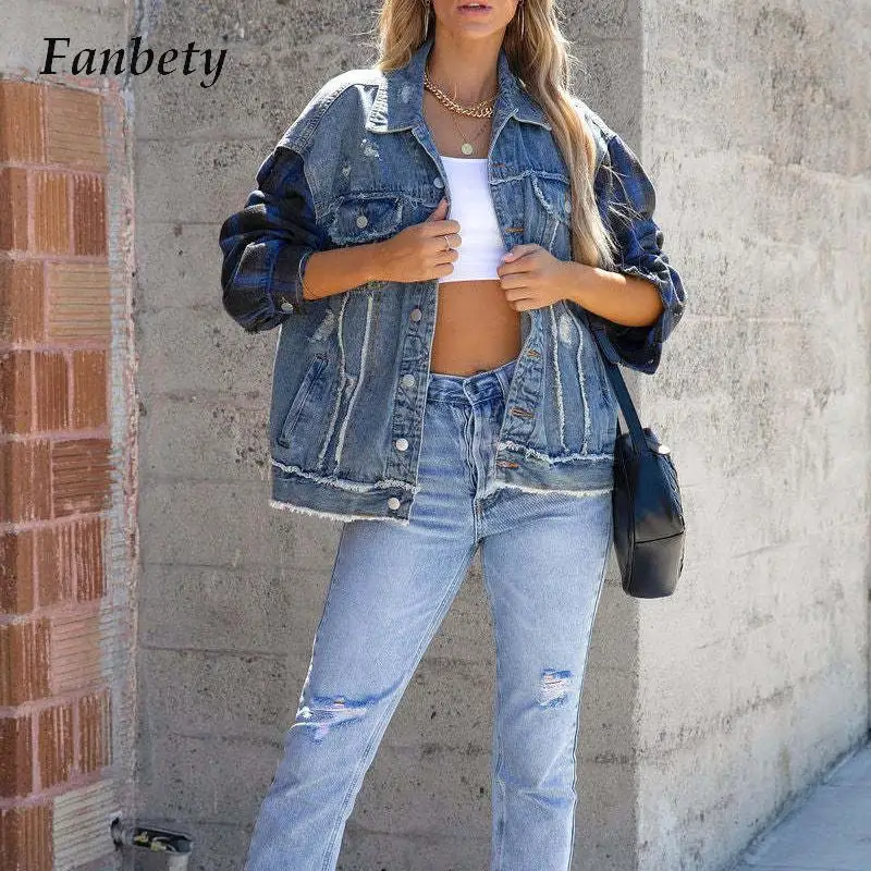 

Autumn Print Splicing Single-Breasted Coat Trendy Women Lapel Long Sleeve Shirt Coat All-match Casual Burrs Washed Denim Jacket