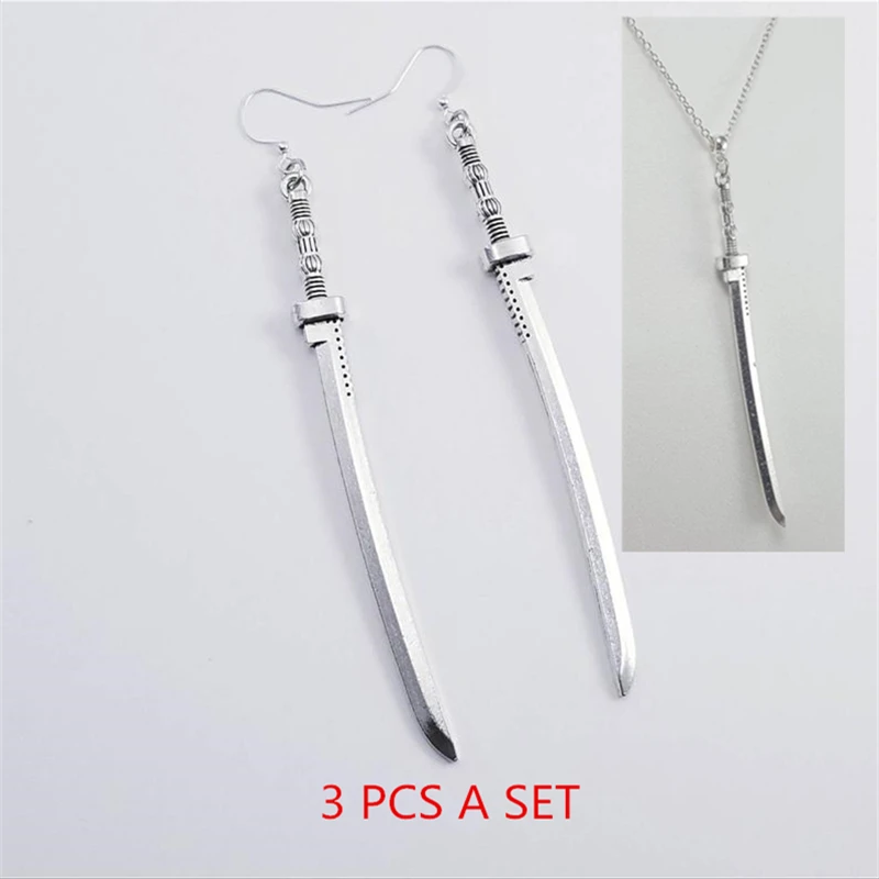 

Retro Harajuku Dark Long Knife Pendant Necklace Clip Men's Cool Fashion Women's Earrings Samurai Katana Sword Jewelry Set
