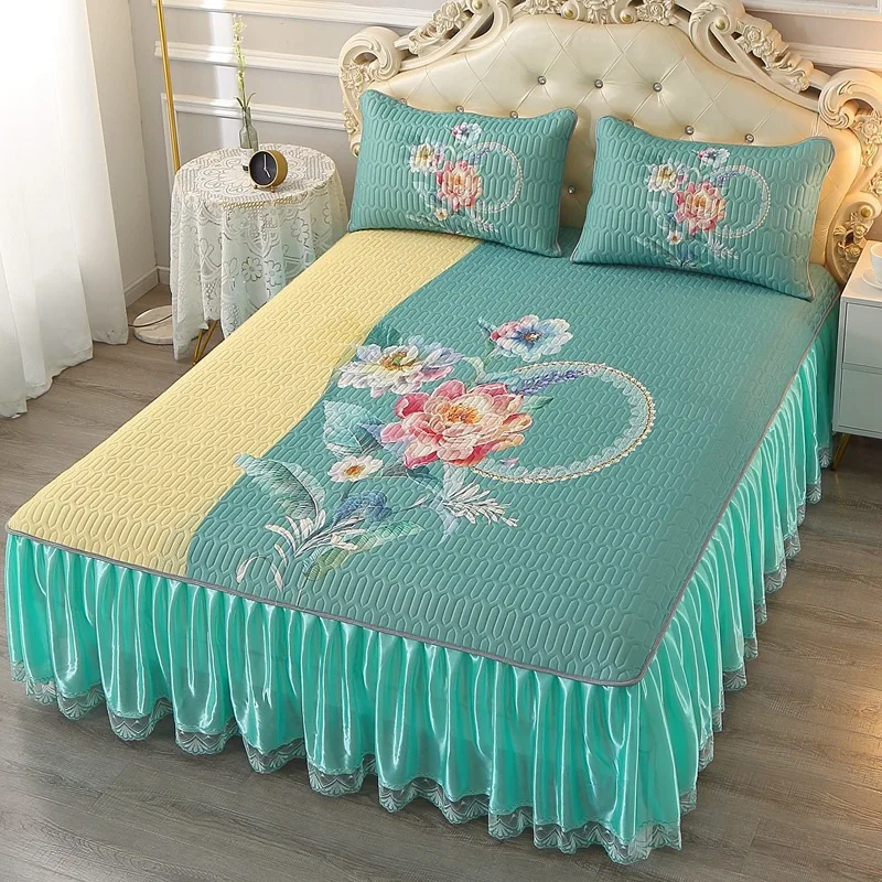 

200x220cm Luxury Bed Skirt Set European Ice Silk Latex Mat Lace Summer Cool Sleeping Mat Mattress Cover Princess Bed Skirt Decor
