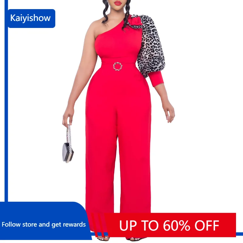 

Wide Leg Pant Jumpsuit Women Leopard Printed One Shoulder Lantern Sleeve Party Club Work Business Jumpsuit Romper with Belt