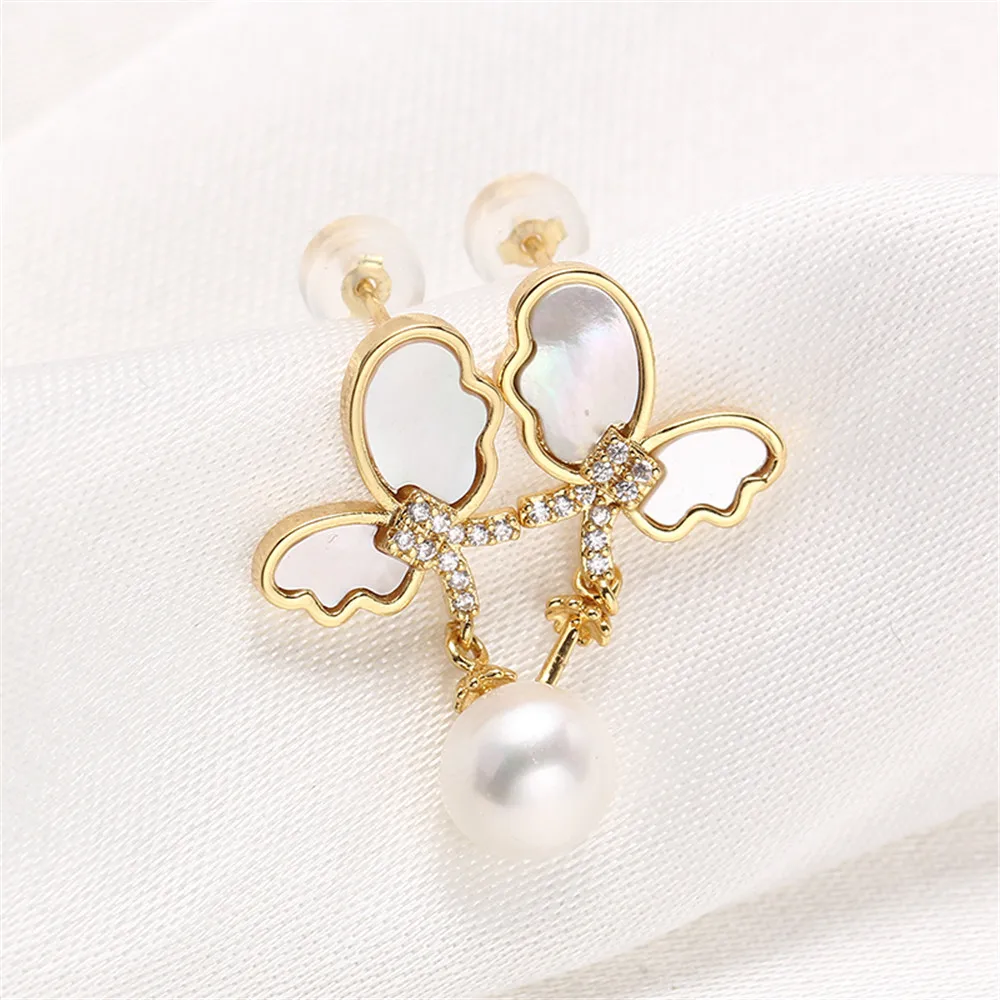 

Domestic 14K gold wrapped small zircon pearl earrings S925 silver needle summer fashion DIY accessories earrings for women