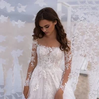 2022 bohemian summer a line wedding dress appliques long sleeve boho tulle bridal gowns pearls sheer neck illusion back dresses