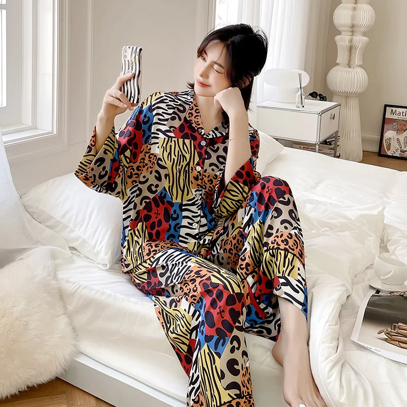 

Satin Pajamas Set Lounge Wear Casual Print 2PCS Shirt&Pants Intimate Lingerie Soft Home Clothes Pyjamas Suit Loose Sleepwear