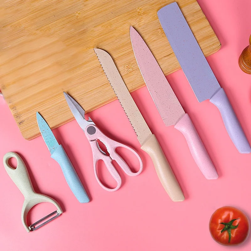 wheat straw 6 piece knife set stainless steel baby food supplement tool gifts box kitchen accessories knives kitchen gadget sets free global shipping