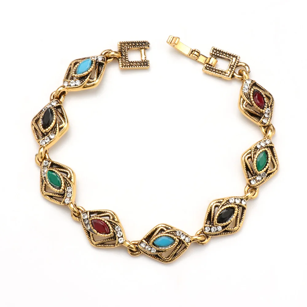 

Gemstone Bangle Vintage Sliver Gold Diamond Rhinestone Agate Turquoise Inlay Bracelet for Women Ladies Birthday Gifts Present