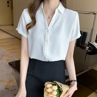 v neck chiffon solid white color female shirts office lady 2022 summer professional thin short sleeve woman shirt casual blouses