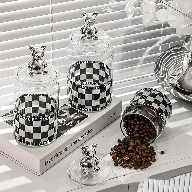 

Стеклянная банка с мультипликационным маленьким медведем, прозрачные влагостойкие Органайзеры для конфет, закусок, кофе, бутылки, домашний...