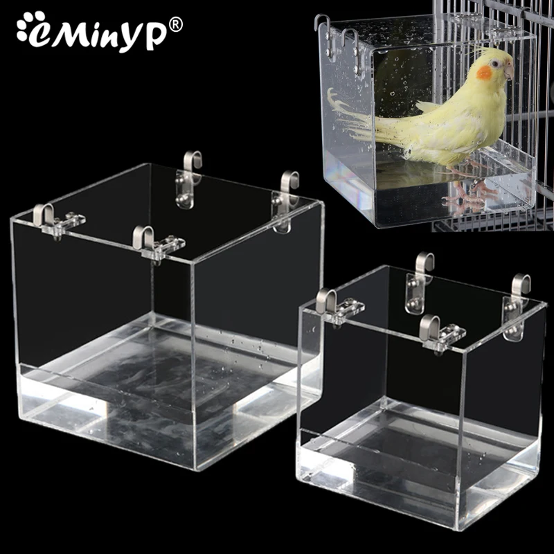 Acrylic Transparent Bathtub Shower Cage Accessory For Parrots Parakeet Hanging Water Bath Tub 2 Size