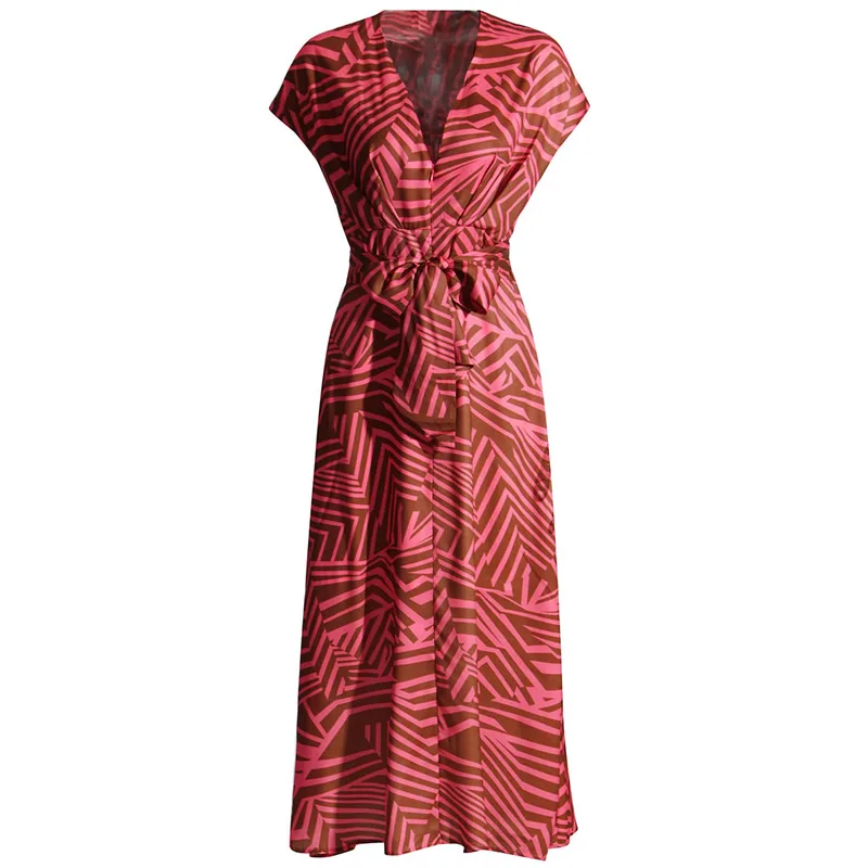 Novelty Geometric Print Women Dress Fashion V-Neck A-Line Dresses 4410