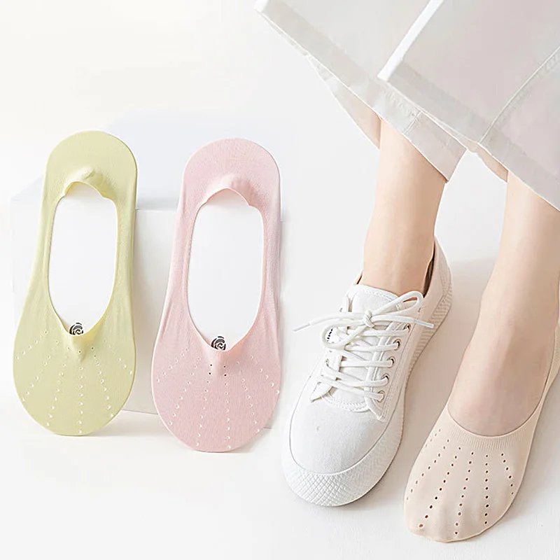 3Pairs Boat Socks Women's Summer Thin Cotton Bottom Anti slip Non falling Breathable Holes No Show Invisible Soft Mesh Socks New