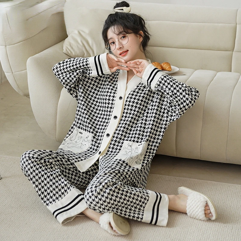Pink Argyle Woman Cotton Pijamas Set M-5XL Kimono Cardigan Long Sleeve Pajamas for Lady Casual Girls Sleepwear V-neck Mujer Pjs