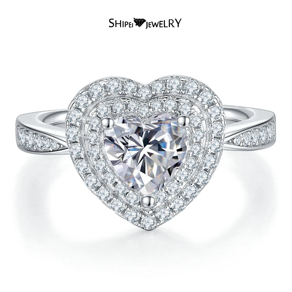 

Shipei 925 Sterling Silver Heart Real Moissanite VVS1 1CT D Color Diamonds Gemstone Engagement For Women Ring Fine Jewelry GRA