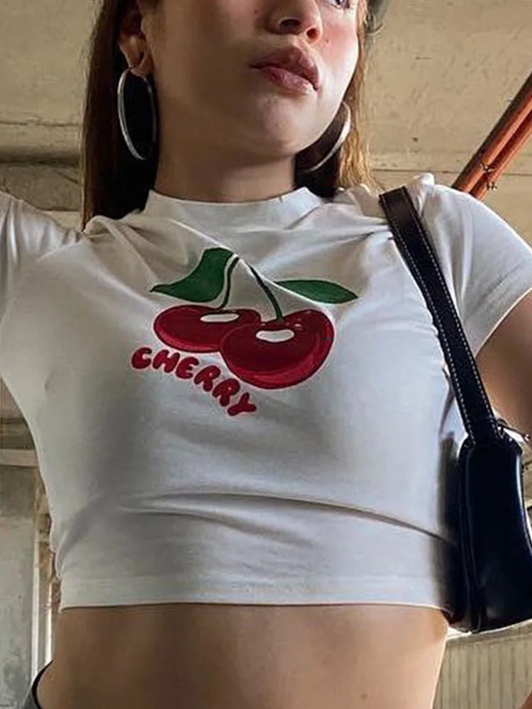 Женский укороченный топ с принтом вишни футболка Y2k в Корейском стиле коротким