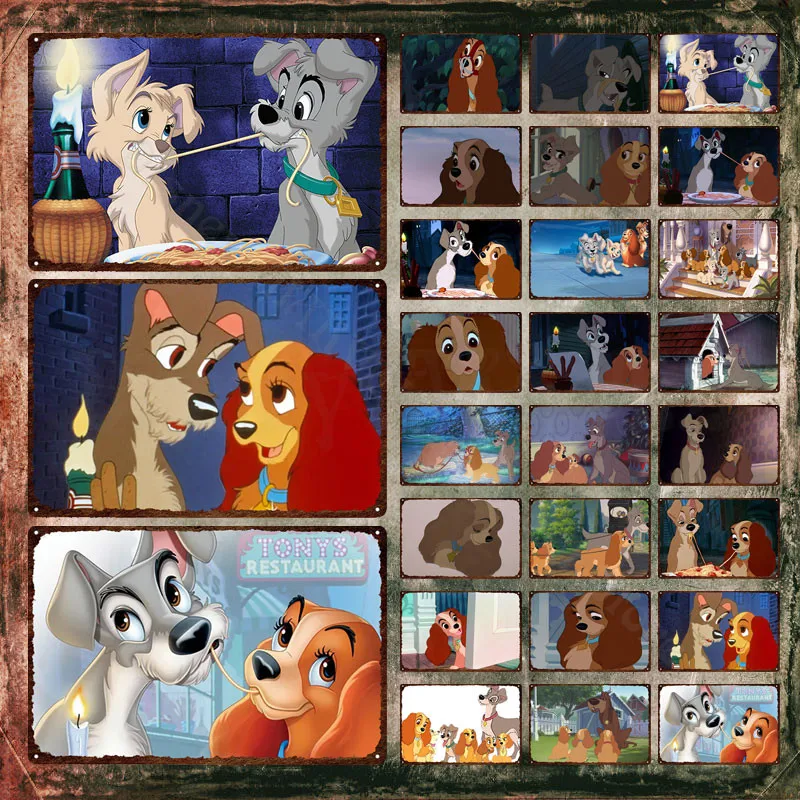 

Lady and The Tramp Disney Metal Signs Cartoon Cute Dogs Metal Poster Decorative Tin Sign Plate Wall Stickers for Kids Room Decor