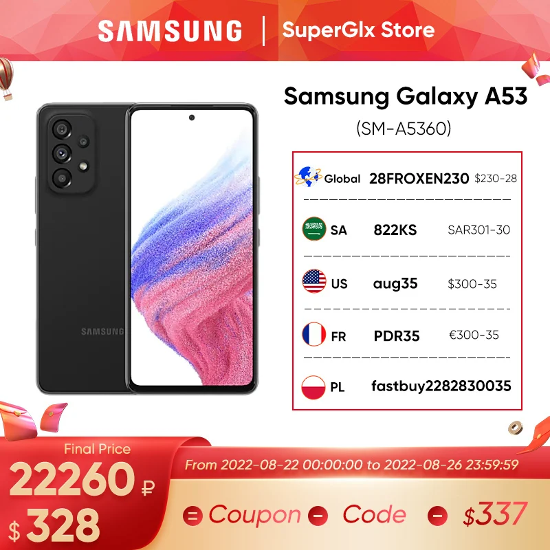  Оригинальный смартфон Samsung Galaxy A53 5G, Android Exynos 1280, Восьмиядерный, 120 Гц, Super AMOLED, 5000 мАч, 25 Вт, быстрая зарядка 
