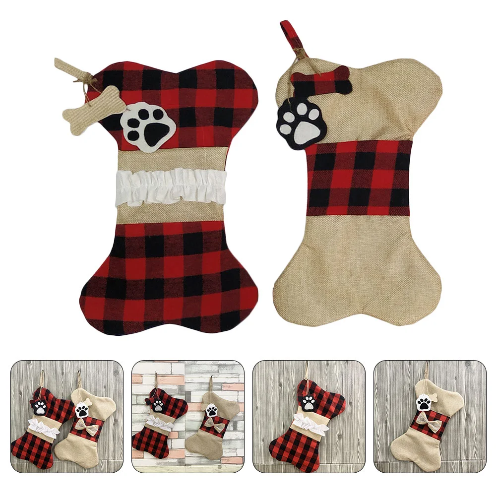 

Christmas Stocking Stockings Giftfestival Hanging Bagpet Annimals Paw Candy Decoration Fireplace Cats Plaid Pendant Gifts Pets
