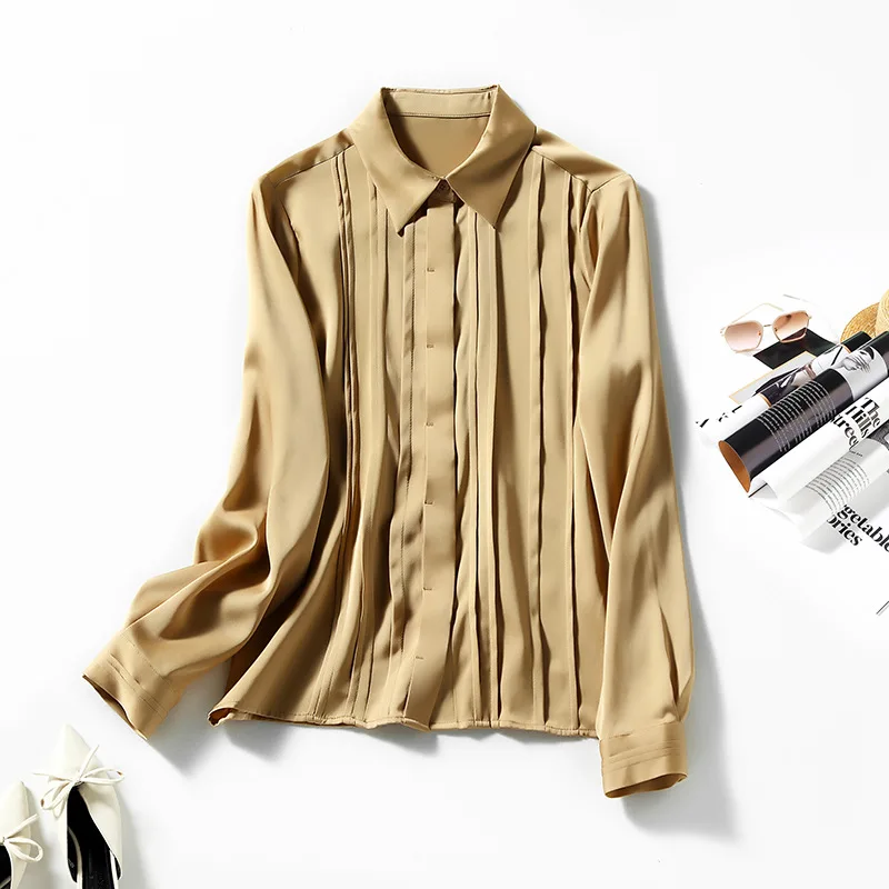 

Birdsky, Women long sleeve shirt blouse office lady top shirring invisible button 100% natural mulberry silk solid color, S-366