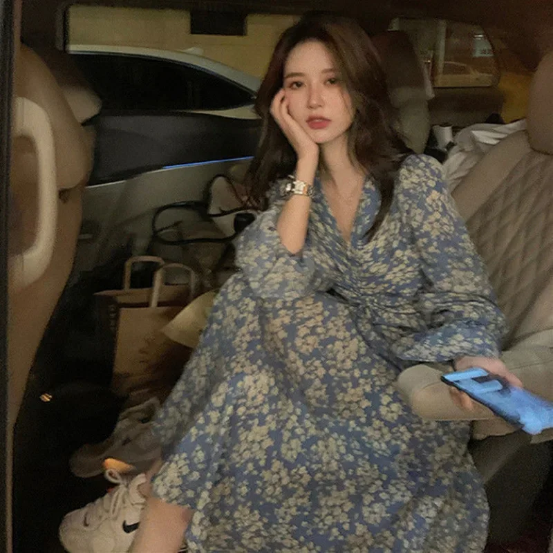 Женское элегантное длинное шифоновое платье с кулиской и V-образным вырезом