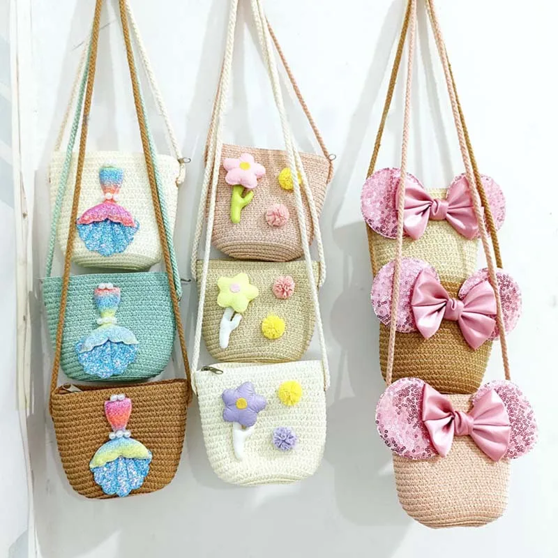 New 2022 Summer Children Girls Shoulder Bag Minnie Bow Straw Bag Messenger Bag Kids Keys Coin Purse Cute Princess Mini Handbag