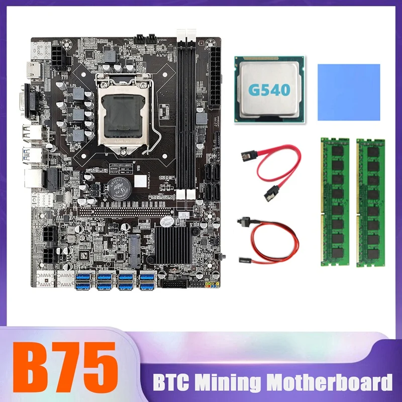 

HOT-B75 BTC Miner Motherboard 8XUSB+G540 CPU+2XDDR3 8G 1600Mhz RAM+SATA Cable+Switch Cable+Thermal Pad B75 USB Motherboard