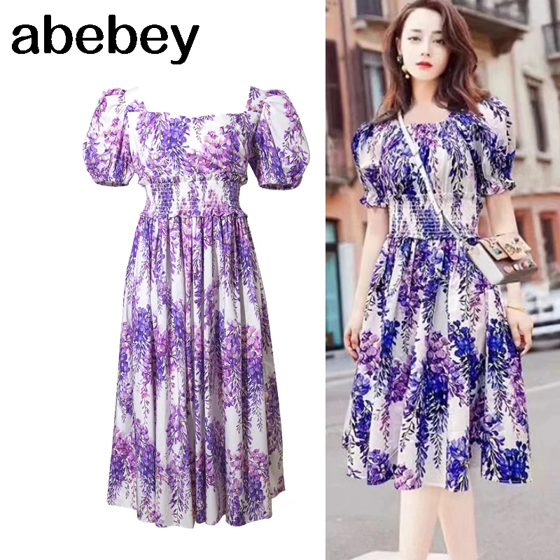 

Женское платье с рюшами и вырезом лодочкой, фиолетовое вечернее платье с цветочным принтом, французское шикарное уличное платье с эластичн...