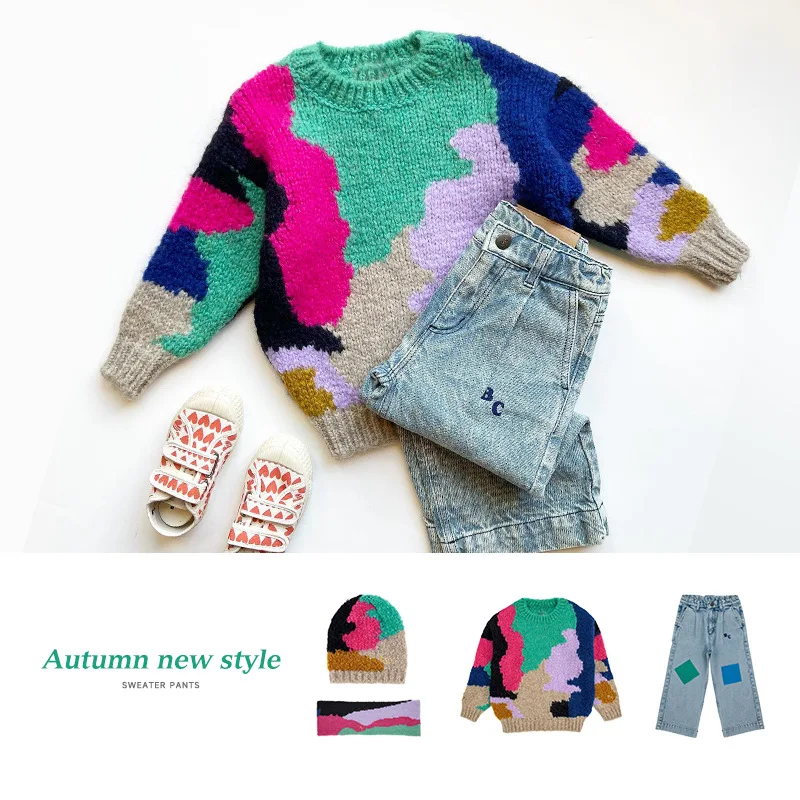 

Children's Sweater 2022 Autumn and Winter Boy Girls Colorblock Graffiti Round Neck Pullover Knitted Sweater Trousers Sets Jeans