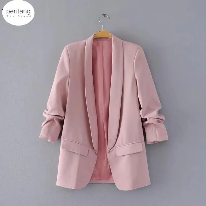 

2023 Summer Autumn Elegant Women Workwear Pink Blazer Three Quarter Sleeve Regular Fit Minimalist Office Ladies Blazer