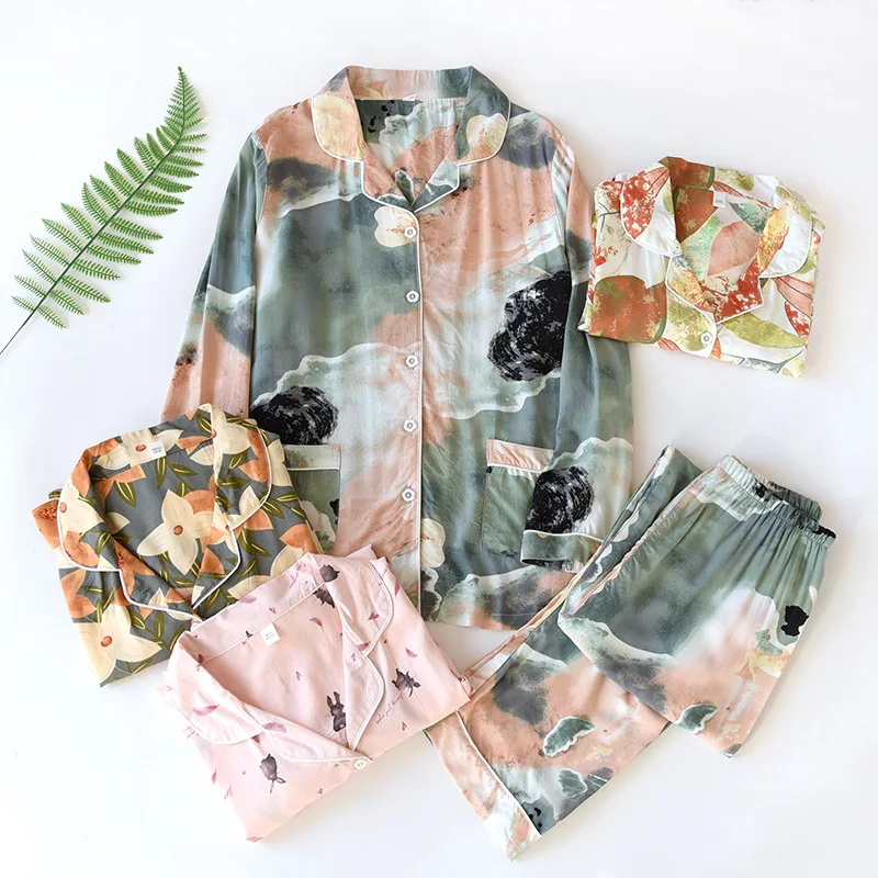 

Women Rayon Cotton 2Pcs Pajamas Set Tie Dye Print Home Clothes Soft Turn Down Collar Sleep Suit Nightwear Cozy Loungewear