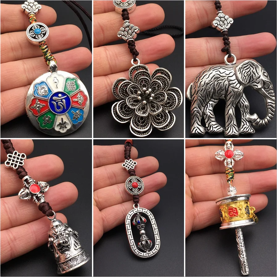 

Buddhist Vajra, Elephant Figurine, Bell Pendant, Tibetan Cross Golden Wheel Pendant, Keychain Necklace, Bodyguard, Tibetan Silve