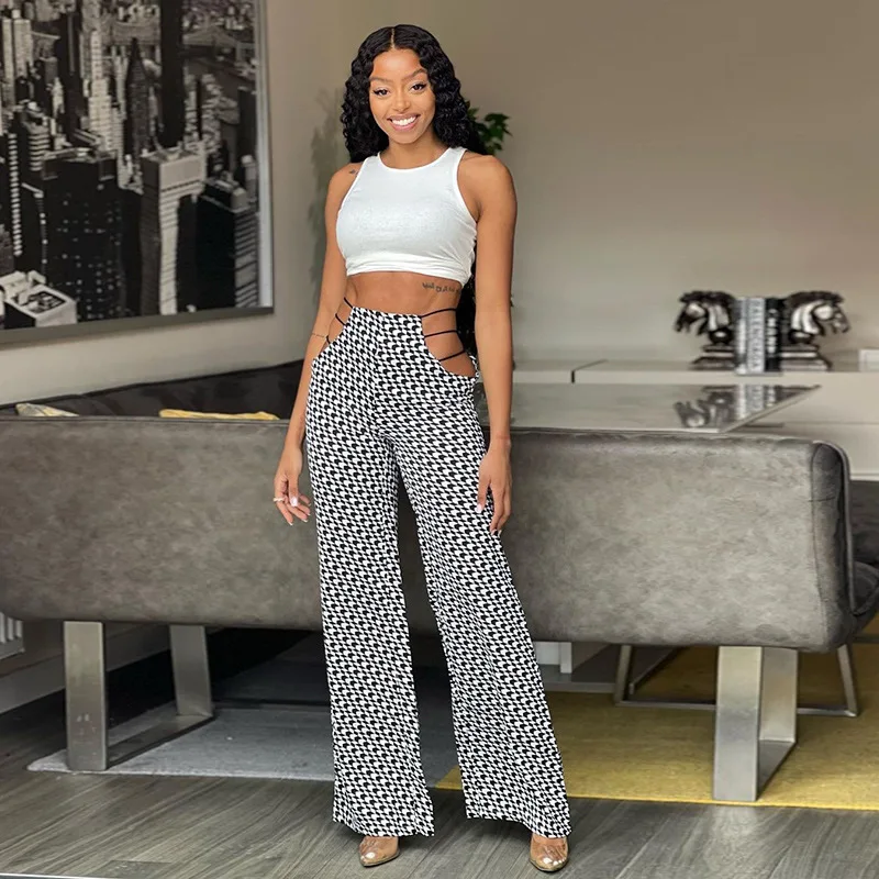 

Открытые прямые брюки с завязками и принтом с высокой талией, сексуальные модные и универсальные повседневные брюки для женщин