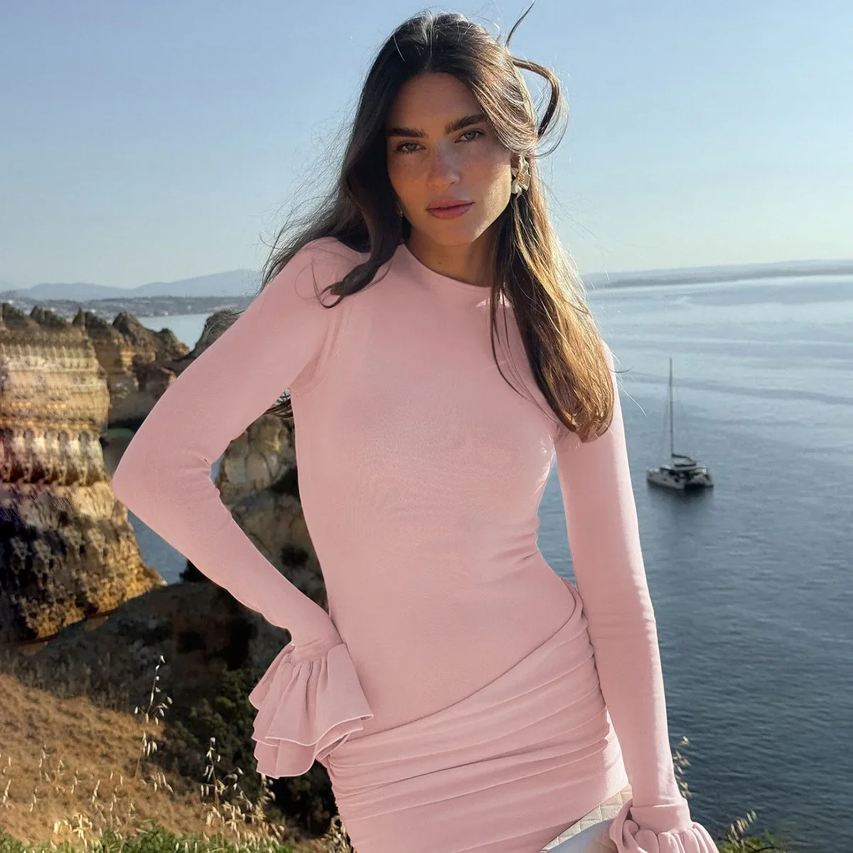 Осеннее модное мини-платье с рюшами женское лоскутное платье высокой талией и