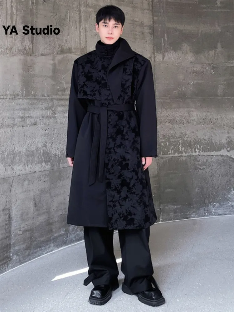 

[YA Studio] 2023 Winter Thickened Medium Long Woolen Coat Jacquard Splicing Tray Buckle Standing Collar Retro Trench Coat