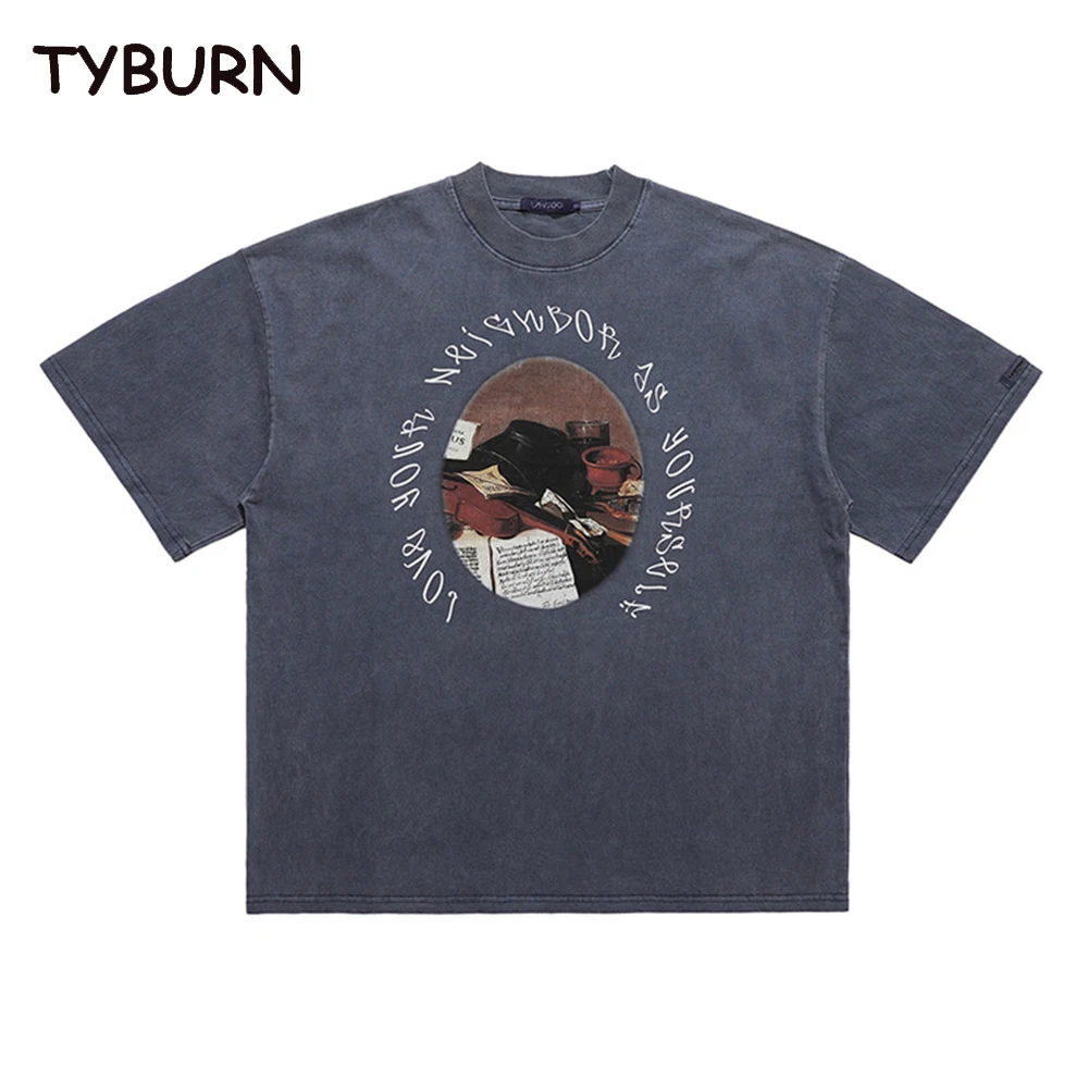 

TYBURN Urban Fashion Brand American Cotton Short Sleeve Men's High Street Old Vintage Oil Painting Printing T-shirt Top