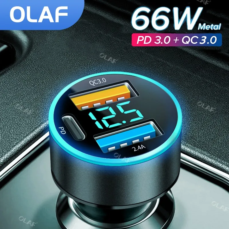 

Olaf 66W 3 Ports Car Charger Lighter Fast Charging for iPhone QC3.0 PD USB Type C Car Phone Charger for Xiaomi Samsung Huawei