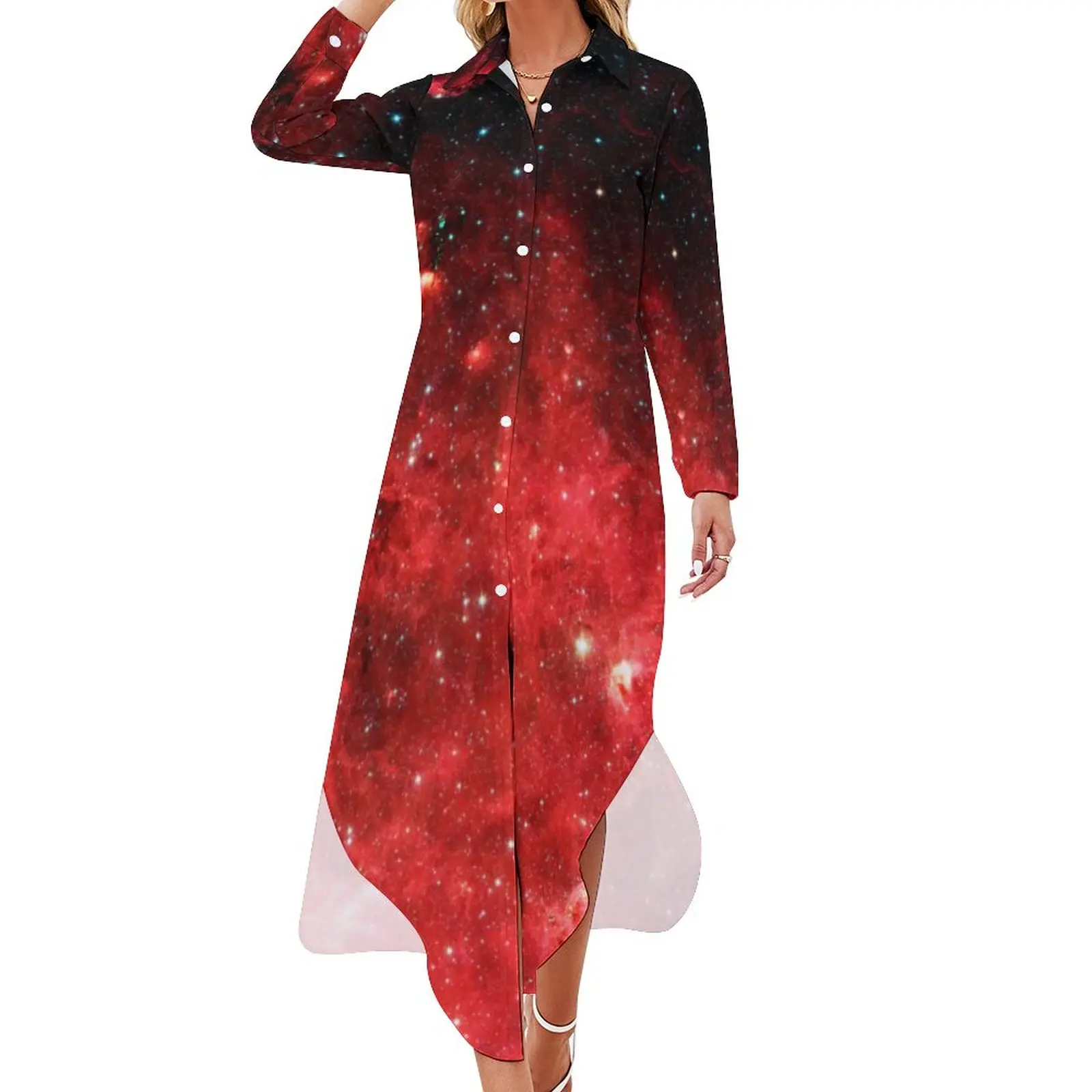 

Red Galaxy Sky Chiffon Dress Sexy V Neck North America Nebula Trendy Dresses Women Korean Fashion Casual Dress Gift Idea