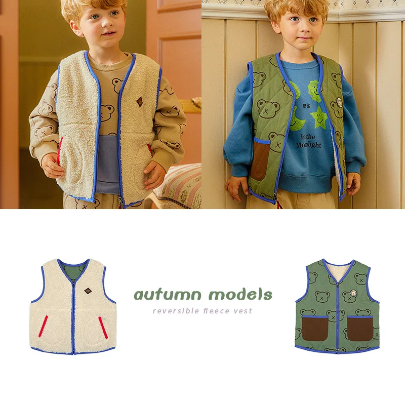 

Детский жилет, Новинка осени 2022, утепленный двухсторонний жилет с мультяшным рисунком для мальчиков, хлопковый Детский свитшот, костюм, дет...