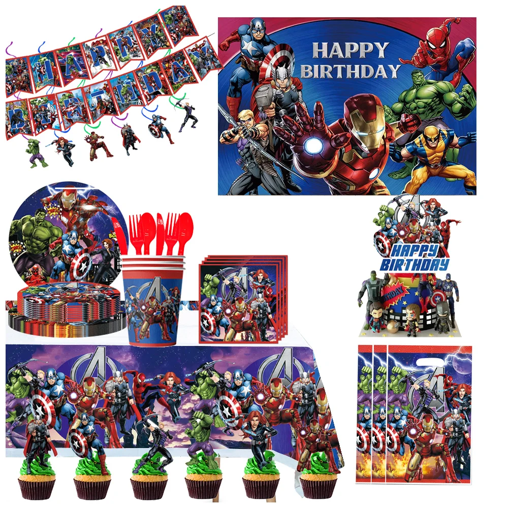 

Superhero Avengers Party Decoration Birthday Disposable Tableware Backdrop Cupcake Banner Balloons Cups Plate Party Kids Favors