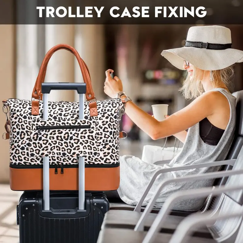 Women Travel Duffle Bag Carry On Tote Weekender Overnight Bag - PU Leather Shoulder Strap Leopard 18 Inch