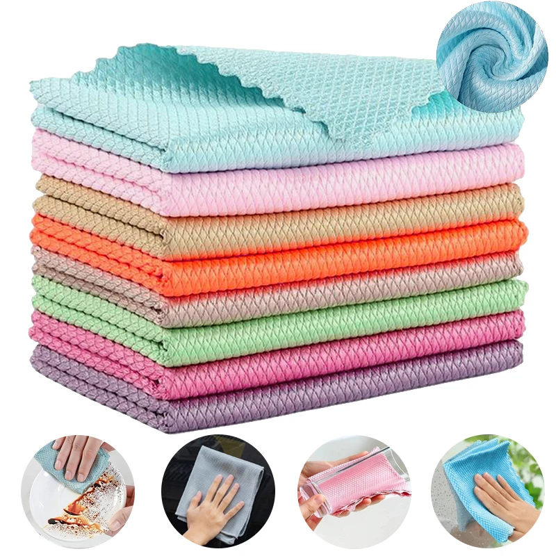 

4/6/8pcs Fish Scale Wipe Cloth Microfiber Cleaning Cloths Glass Cleaning Rags Reusable Easy Clean Home Kitchen Supplies