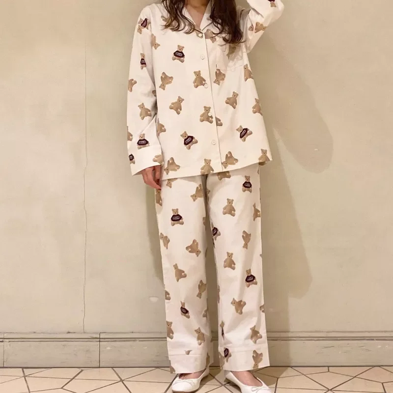 

2022 New Women Sleepwear Couples Cute Bear Print Home Wear Lapel Long Sleeve Trousers Loose Comfortable Pajamas Suits