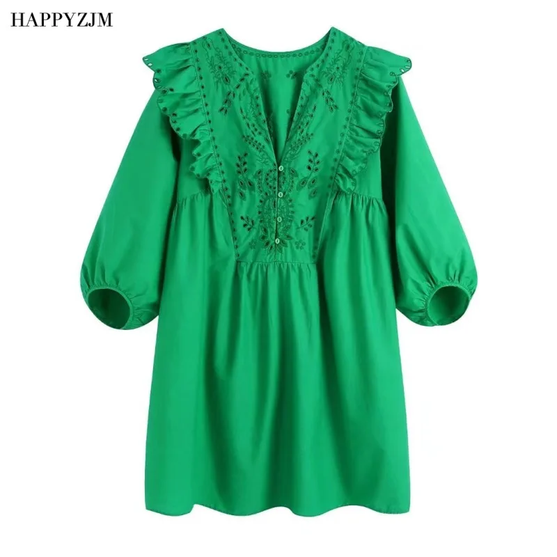 

Женское свободное мини-платье с V-образным вырезом и средним рукавом