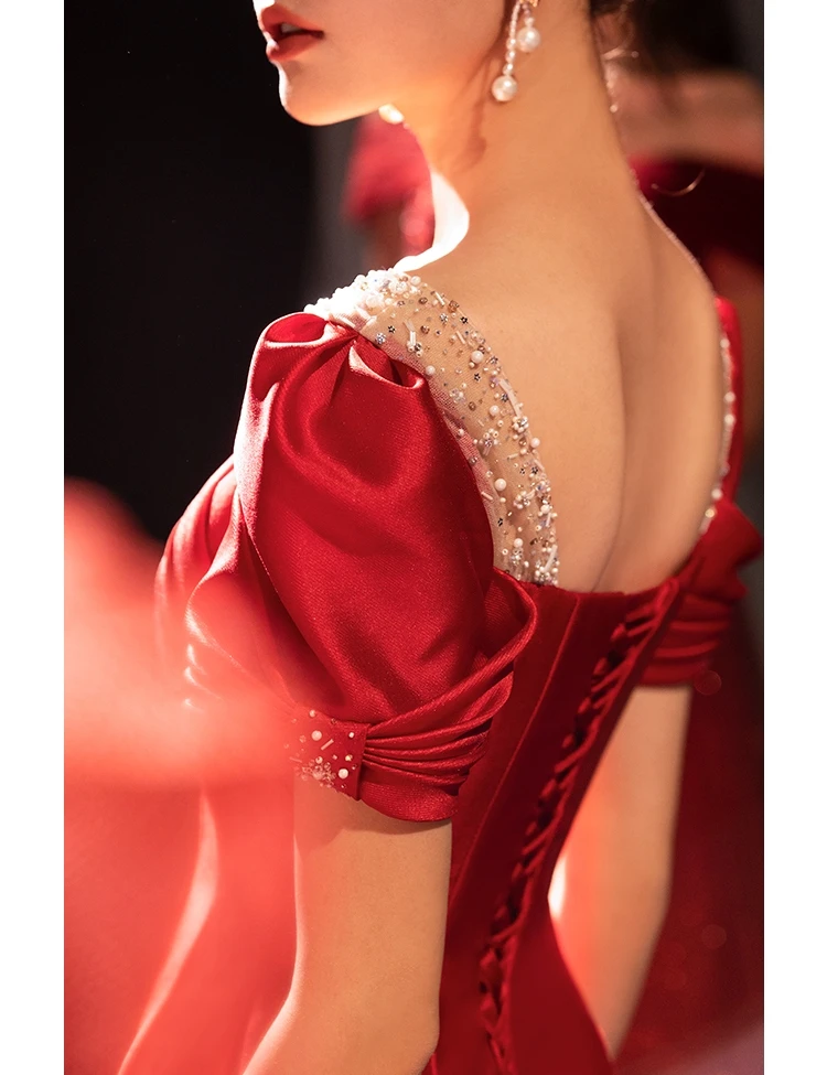 

Красное изящное платье подружки невесты, атласное платье с бисером, квадратным воротником, трапециевидной формы, длиной до щиколотки, женское блестящее официальное платье, Новинка