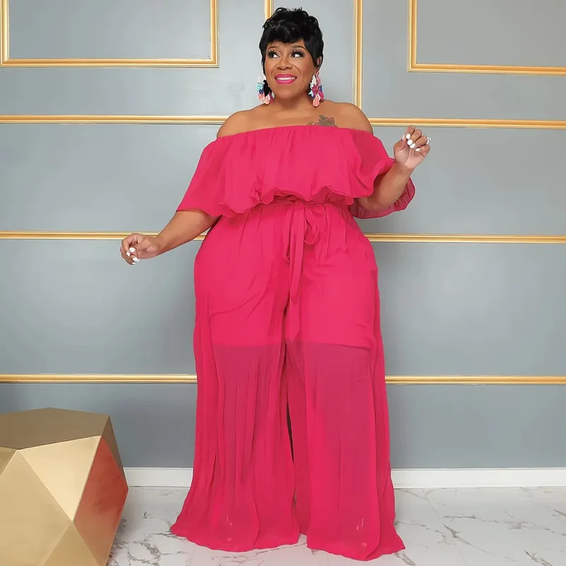 Plus Size Women Jumpsuit Long Elegant Chiffon One Piece Cloth Female Outwear Designer Wide Leg Pant 2023 Summer Fashion Jumpsuit