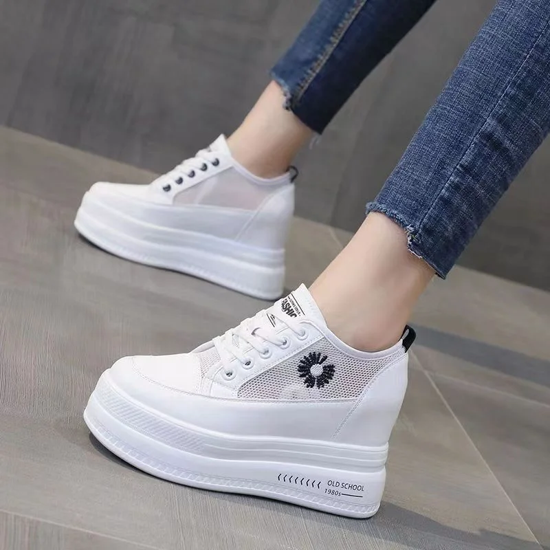 Internally-increased Women White Shoes 2023 New Thick Platform Ladies Casual Flats Mesh Breathable Student Walking Sports Shoes