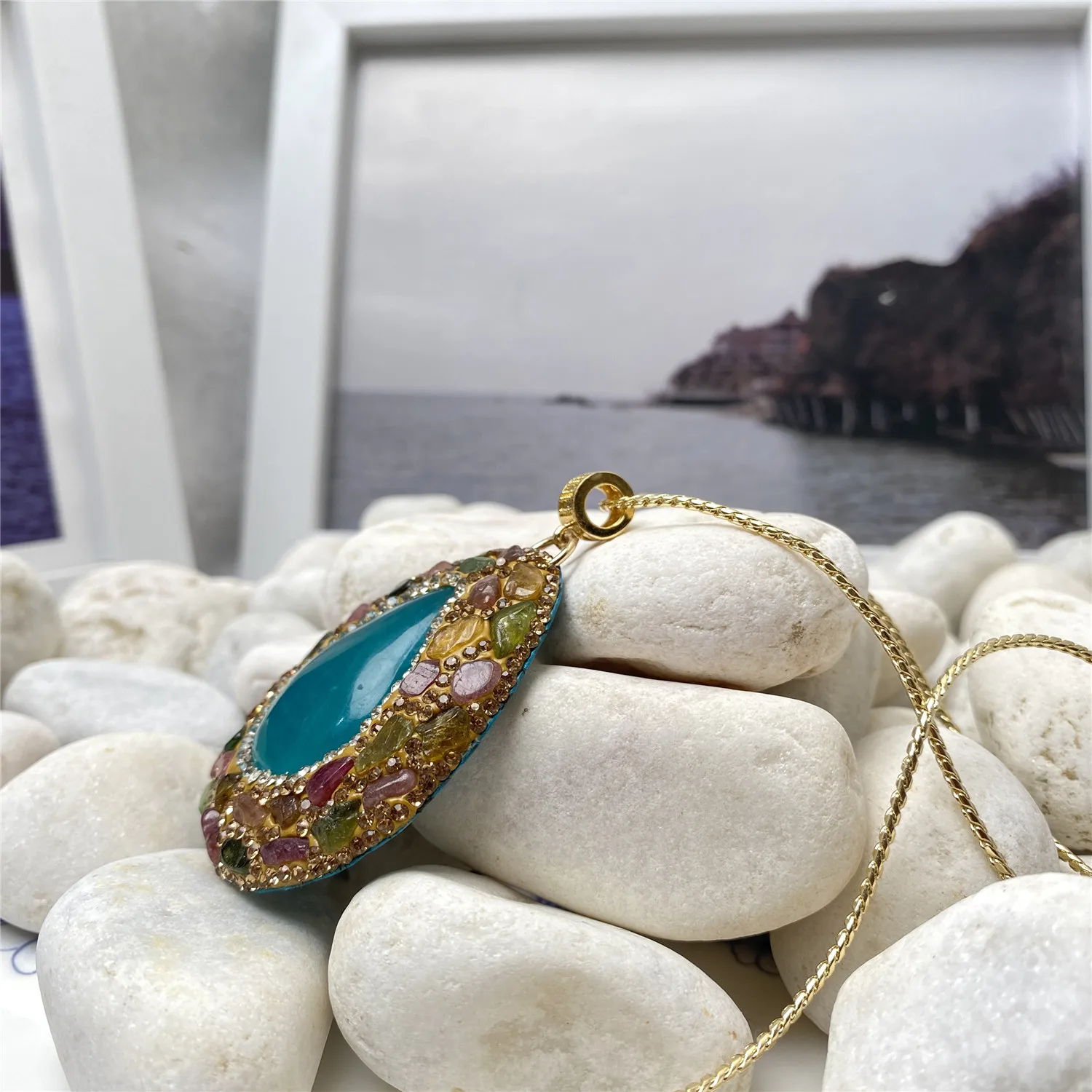 Natural ice amazonite tourmaline rhinestone pendant ladies personalized necklace jewelry