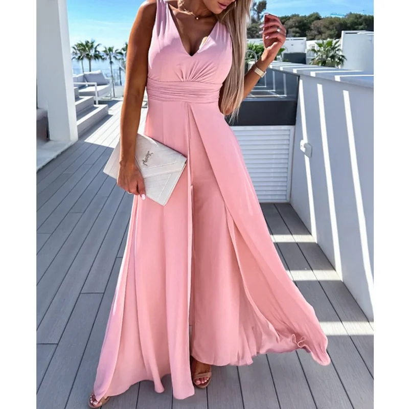 

Slim Fits High Waist Jumpsuit with Trailing Solid Color and V-neck Wide Leg Pants Jumpsuits Street Party Office Jumpsuits