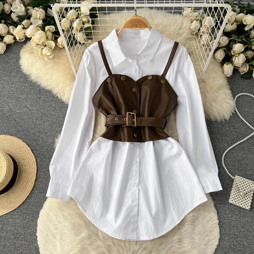 

Fashionable Fashionable Fashionable Clothes Waist Halter Undershirt White Long-sleeved Shirt Dress Sub Two-piece Set