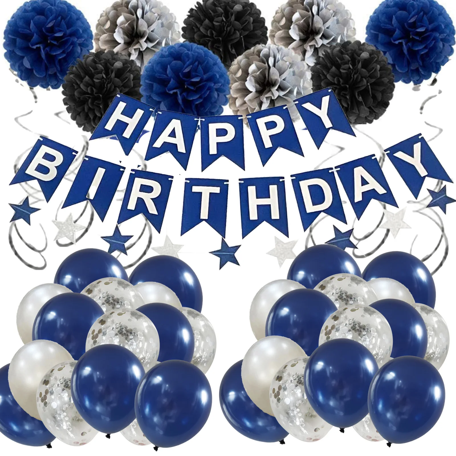 

Navy Blue Birthday Decoration People Balloon Included Happy Birthday Banner Blue Silver Confetti Balloon Paper Pompons